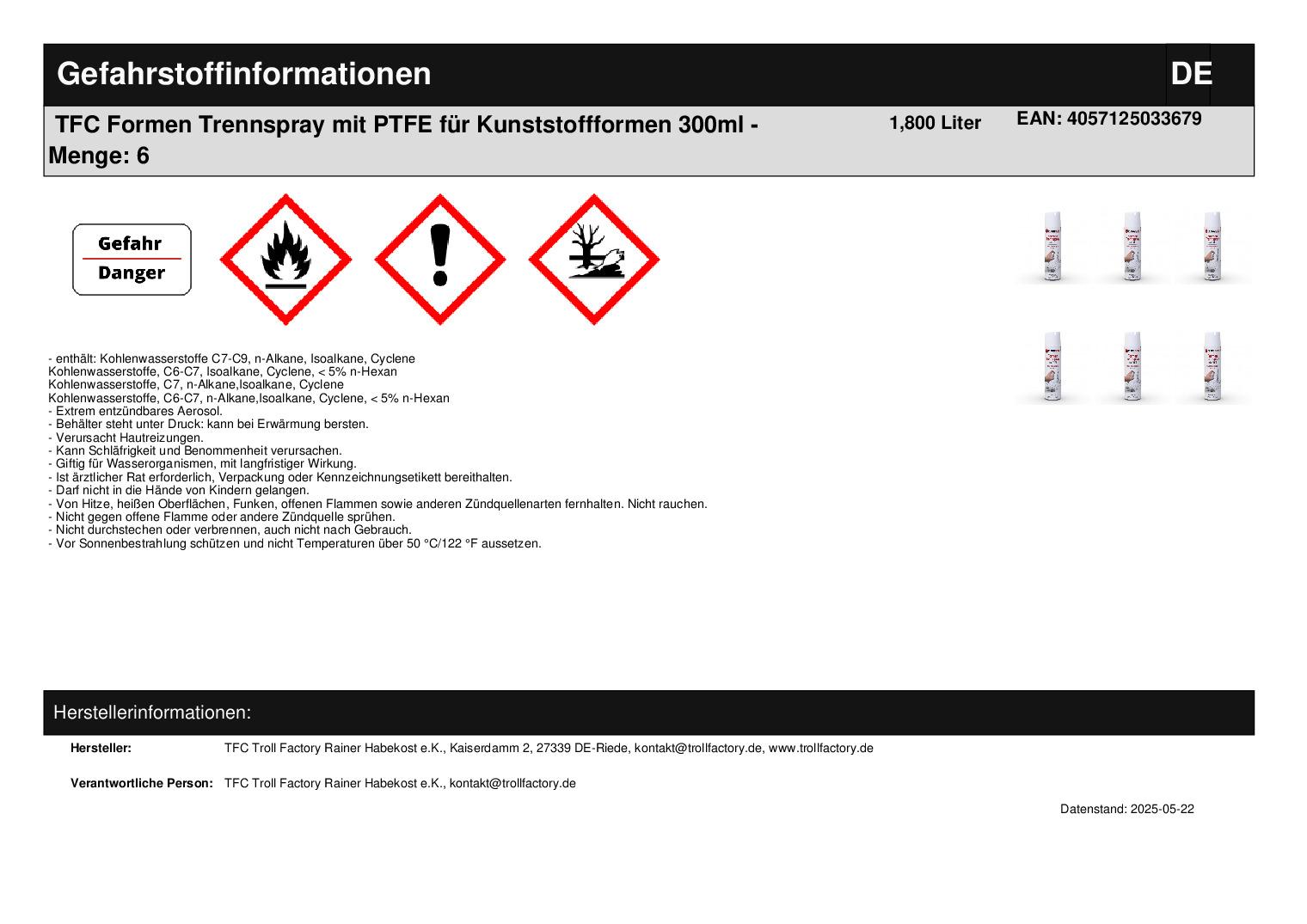 TFC Formen Trennspray mit PTFE für Kunststoffformen 300ml