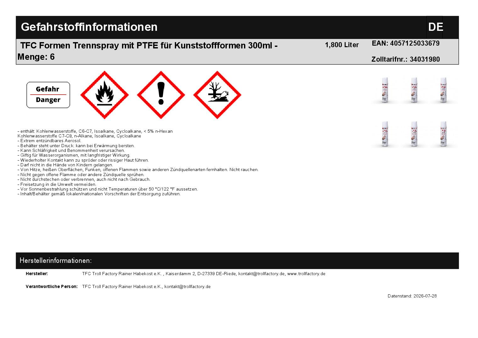 TFC Formen Trennspray mit PTFE für Kunststoffformen 300ml